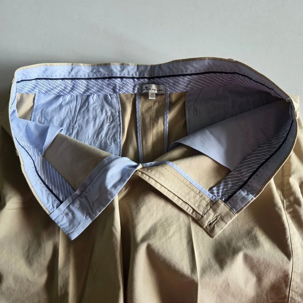 Peter Millar Mens Khaki Chino Shorts Size 40 Flat Front Tan Cotton Twill Golf